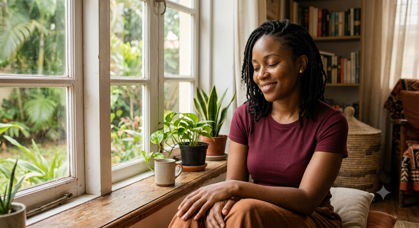 A Nigerian woman looking relieved and at peace